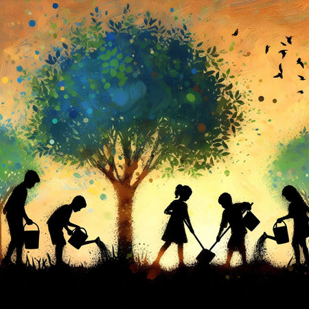 Silhouettes of people working in the garden. Watercolorpaintingの素材