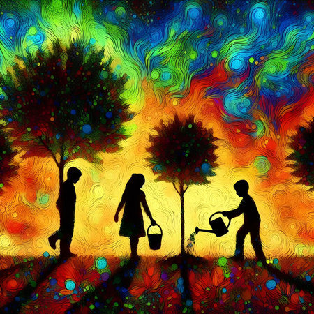 Children watering a tree in the garden. Artwork for children.の素材