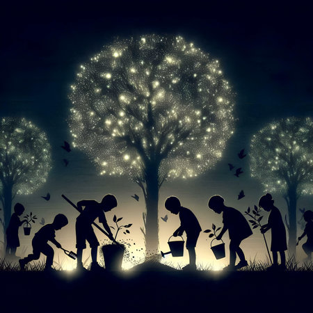 Silhouettes of people working in the garden at night, vector illustrationの素材