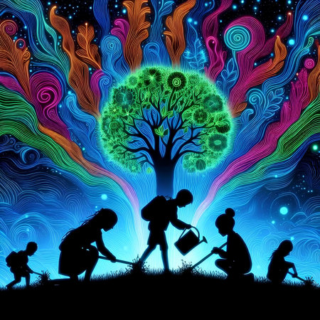 Silhouette of children watering a tree in the night forest.の素材