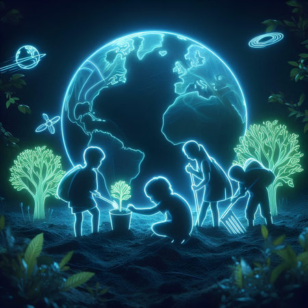 Glowing earth globe with silhouette of children planting trees in the forest. Earth day conceptの素材