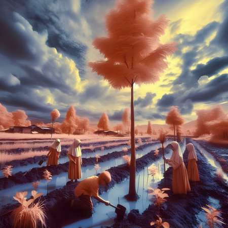 Vietnamese people working in rice fields in the morning,3d renderの素材