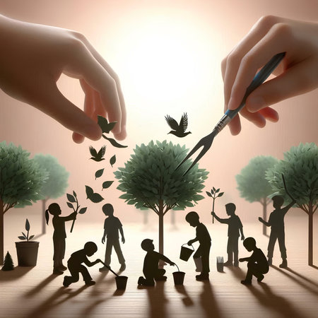 Close up of human hands planting tree. Gardening and agriculture conceptの素材