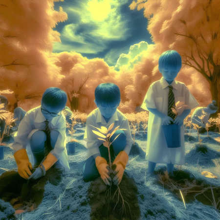 3D render of a group of scientists planting trees in the forestの素材