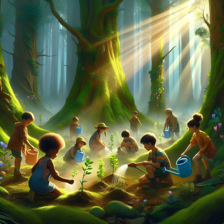 children watering the tree in the jungle - 3d digitally rendered illustrationの素材