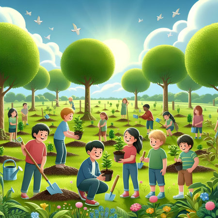 Vector illustration of a group of children planting a tree in the gardenの素材