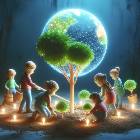 Earth day concept with kids planting trees and glowing globe in the darkの素材