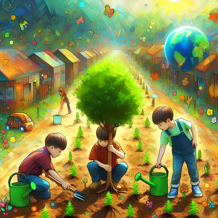 Group of children planting trees and watering them in the garden. Children's illustration.の素材