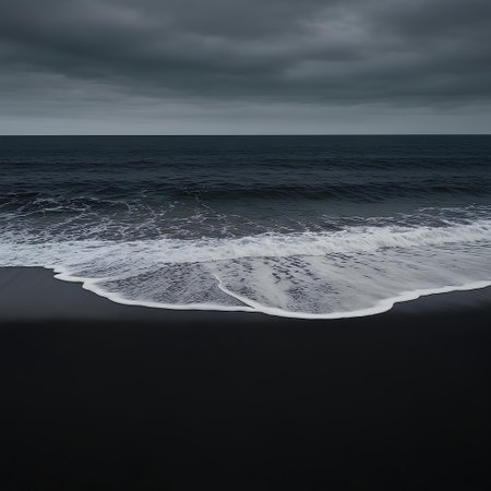 Beautiful seascape with black sand beach and stormy skyの素材