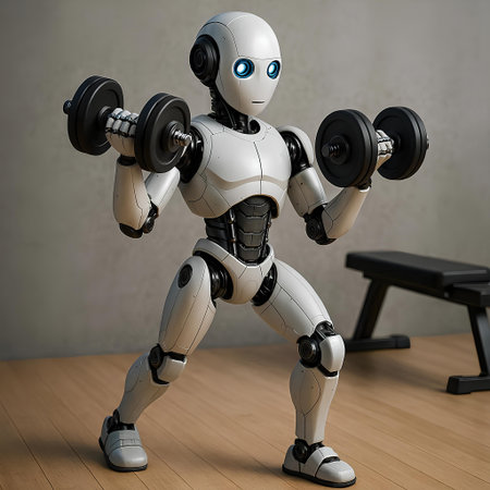 Robot with dumbbells in the gym. 3d illustrationの素材