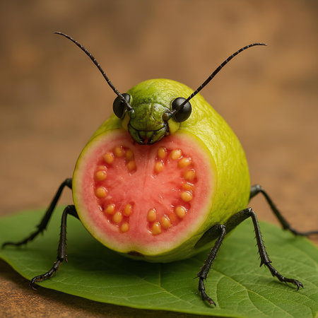 Hornet and guava fruit on a wooden background. Macroの素材