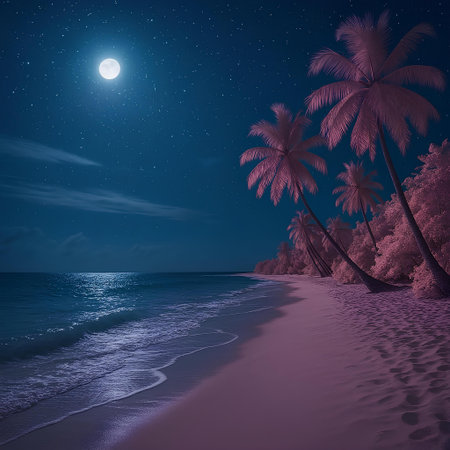 Tropical beach at night with palm trees and full moon.の素材
