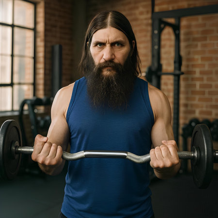 Portrait of a brutal man with a long beard and mustache in a blue T-shirt doing exercises with a barbell in the gymの素材