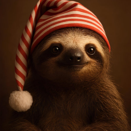 Portrait of a cute sloth wearing a Christmas hat.の素材