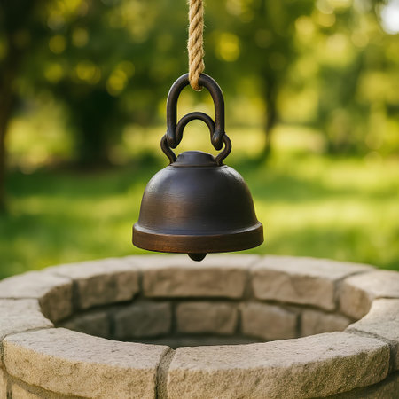 Old bell hanging on the rope in the park. Selective focus.の素材