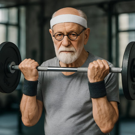 senior sportsman exercising with barbell in gym, healthy lifestyleの素材
