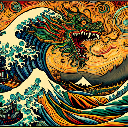 Vector illustration of a dragon on the background of the sea and mountainsの素材