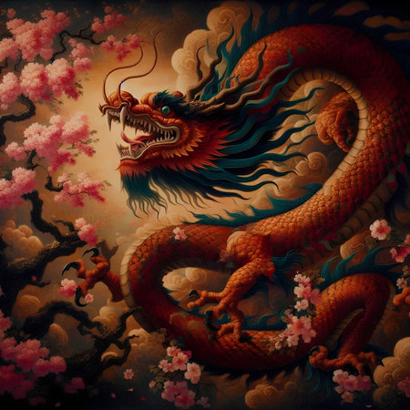 Chinese dragon with plum blossom in the background. Digital painting.の素材