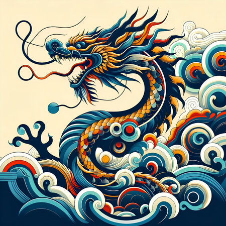 Vector illustration of colorful dragon in the sea with waves and water.の素材