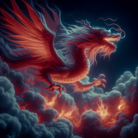 Red dragon flying in the clouds. 3D illustration. Fantasy.の素材