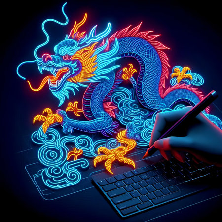Vector illustration of hand with tablet and chinese dragon on dark backgroundの素材