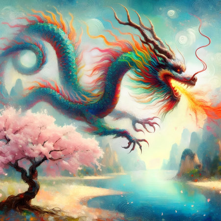 Colorful dragon with cherry blossoms in the background. Digital painting.の素材