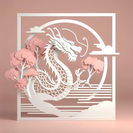 Chinese New Year of the Dragon, Paper cut style, 3d renderingの素材