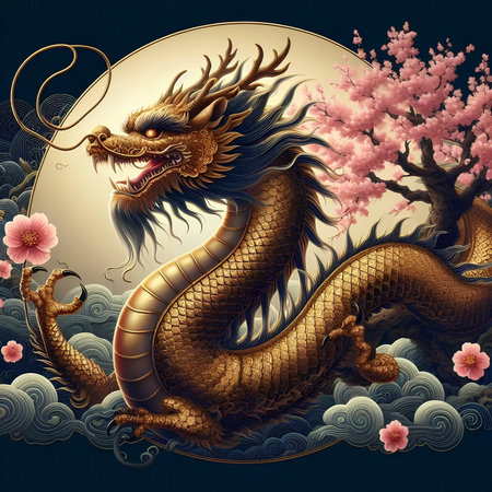 Chinese dragon in a circle of clouds and cherry blossom, illustrationの素材