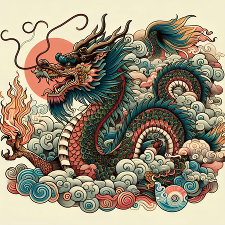 Vector illustration of a Chinese dragon in the clouds. Colorful hand drawn dragon.の素材
