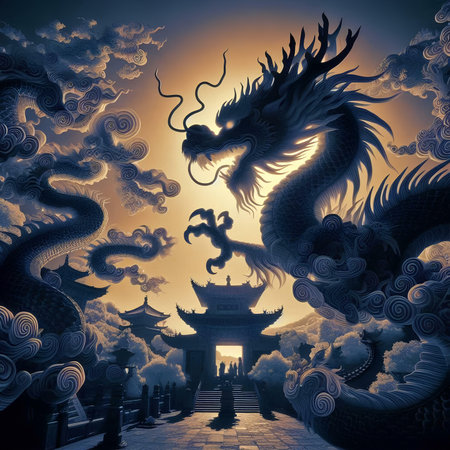 Dragon in the ancient Chinese temple,3d rendering. Computer digital drawing.の素材
