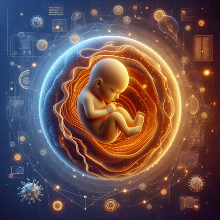 Digital illustration of fetus in egg cell against digital background. 3d renderingの素材