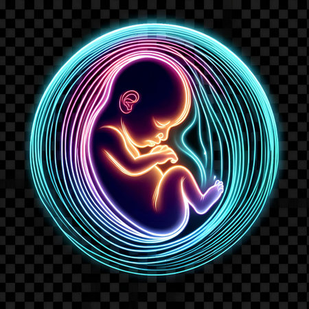 Neon neon baby in the womb. Vector illustration. The birth of a child.の素材
