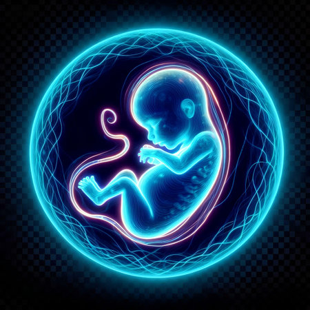 Fetus in neon light. Vector illustration on a transparent background.の素材