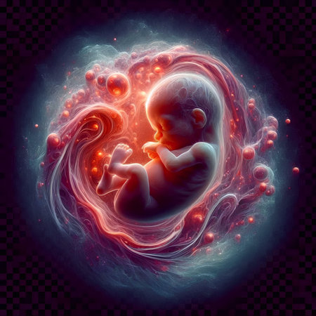 3D illustration of a fetus in a neon womb, isolated on black.の素材