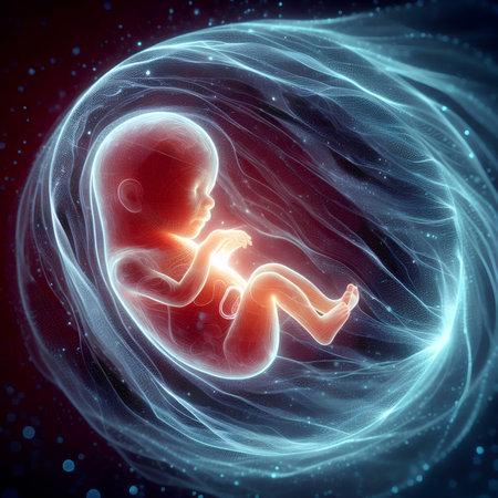 Digital illustration of human fetus in neon light, 3D rendering.の素材