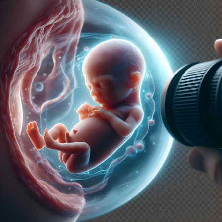 Digital illustration of fetus in digital color background. 3D rendering.の素材