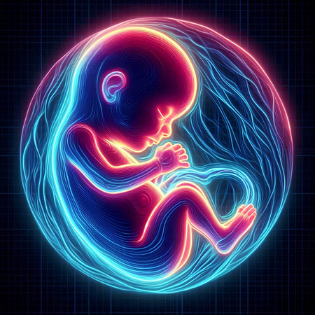 Human fetus in neon light, 3d vector illustration. Human fetus in neon light.の素材