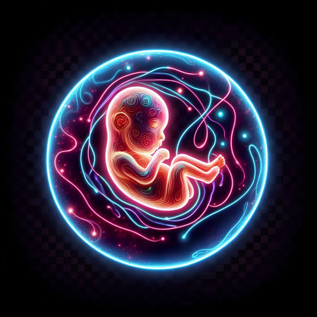 Human fetus in neon light. Infant in womb. Vector illustration.の素材