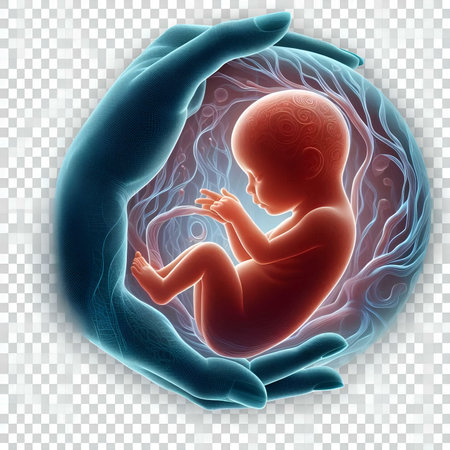 Human fetus in womb. 3D medical illustration of fetus in womb. Transparent background.の素材