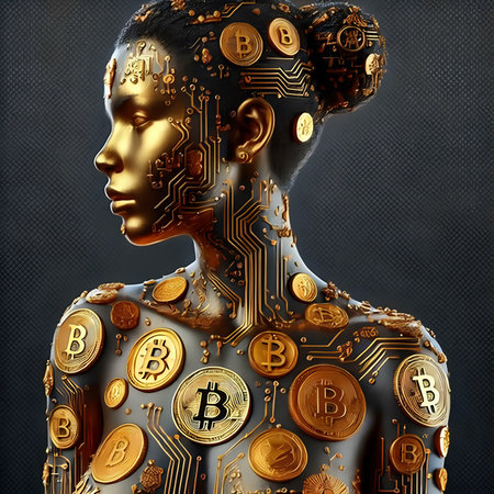 3d rendering of a female robot with golden bitcoin on a dark backgroundの素材