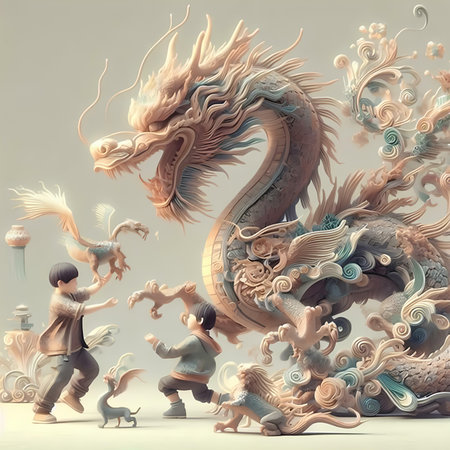Dragon and lion in the style of Chinese art. 3D renderingの素材