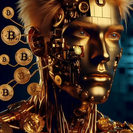 3D Illustration of a male cyborg with bitcoin in his handsの素材