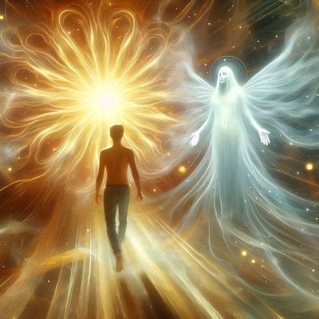 Man with angel wings on a background of the starry sky.の素材