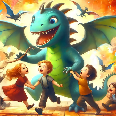 Children playing with fantasy dragon in the halloween party. illustrationの素材