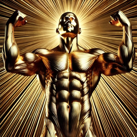Bodybuilder with golden rays in the background. 3D illustration.の素材