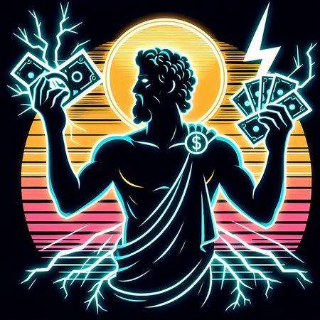 Goddess of Wealth with money and lightning. Vector illustration.の素材