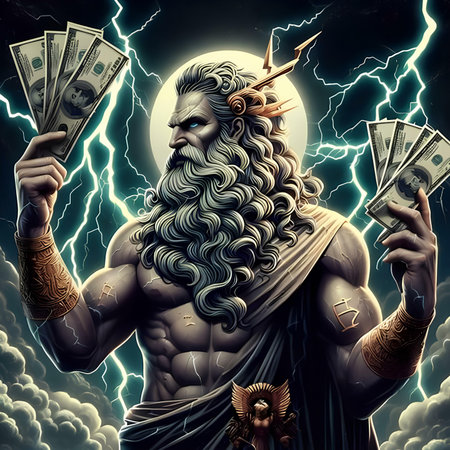 God of wealth with wings and dollar bills in stormy sky backgroundの素材