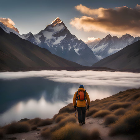 Hiker in Himalayas, Manaslu region, Nepalの素材
