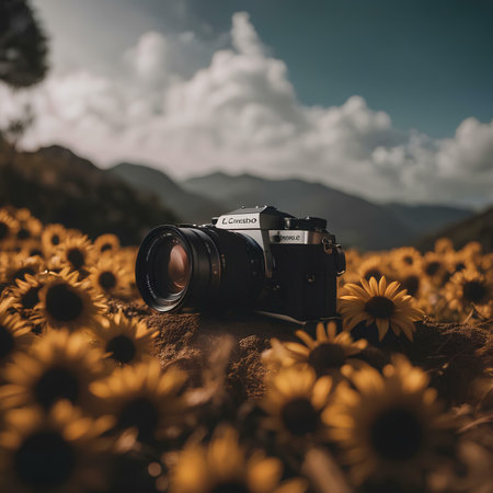 Camera on a field of sunflowers and mountains in the backgroundの素材