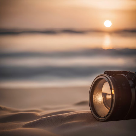 Camera lens on the sand beach at sunset. Selective focus.の素材